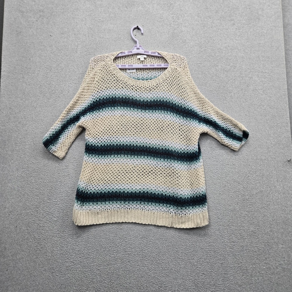 J. Jill Women Sweater L PETITE Beige Striped Linen Blend Open Knit 3/4 Sleeve